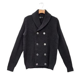 Guess Womens Waffle Knit Sweater Small Black Button Up Shawl Collar Long Sleeve